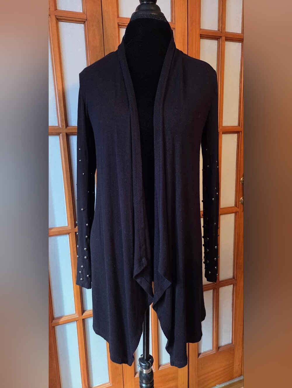 INC International Concepts Black Open-Front Cardigan with Studded Sleeves Sz L